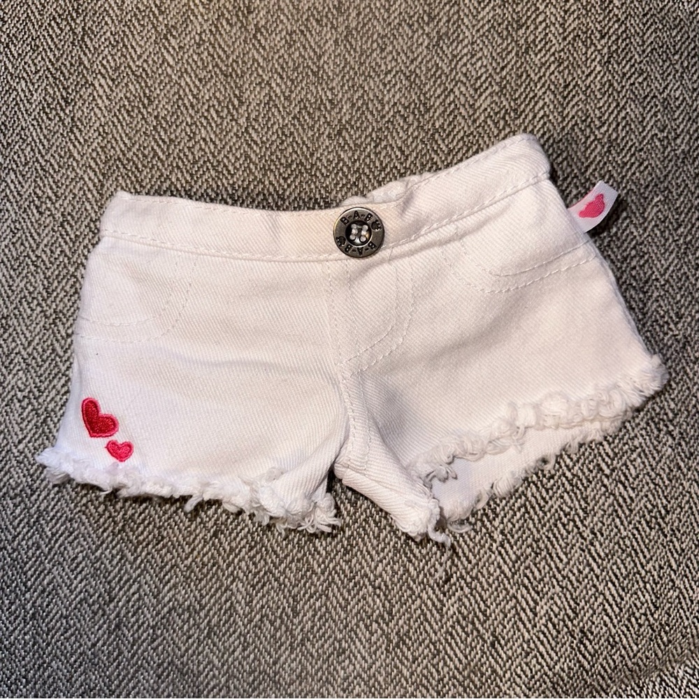 Build A Bear classic white denim shorts with 2 pink stitched hearts RARE HTF
